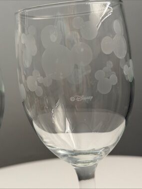 Disney Parks Mickey Mouse Etched Wine Glasses Set of 2 Frosted Bar Stemware 7”